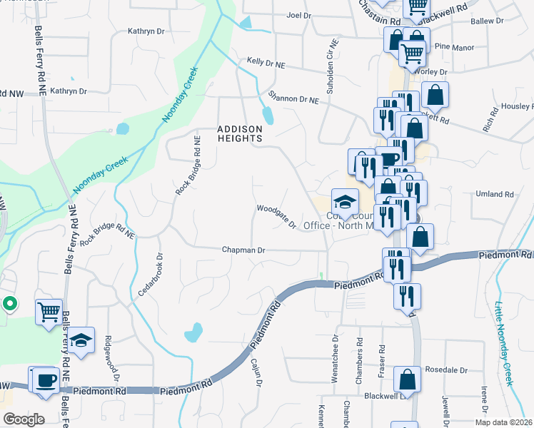 map of restaurants, bars, coffee shops, grocery stores, and more near 490 Woodgate Drive in Marietta