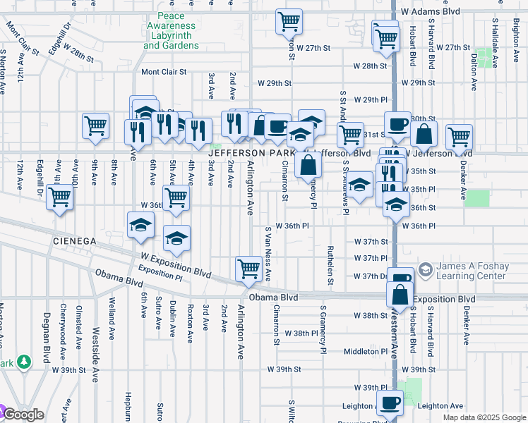 map of restaurants, bars, coffee shops, grocery stores, and more near 3569 South Van Ness Avenue in Los Angeles
