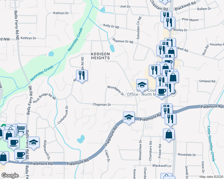 map of restaurants, bars, coffee shops, grocery stores, and more near 490 Woodgate Drive in Marietta