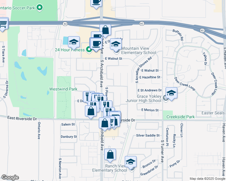 map of restaurants, bars, coffee shops, grocery stores, and more near 2802 East Saint Andrews Street in Ontario