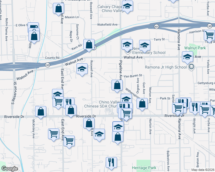 map of restaurants, bars, coffee shops, grocery stores, and more near 12734 Willow Lane in Chino