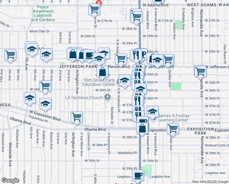 map of restaurants, bars, coffee shops, grocery stores, and more near 1815 West 36th Street in Los Angeles
