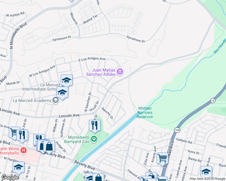 map of restaurants, bars, coffee shops, grocery stores, and more near 703 East Azalea Drive in Montebello