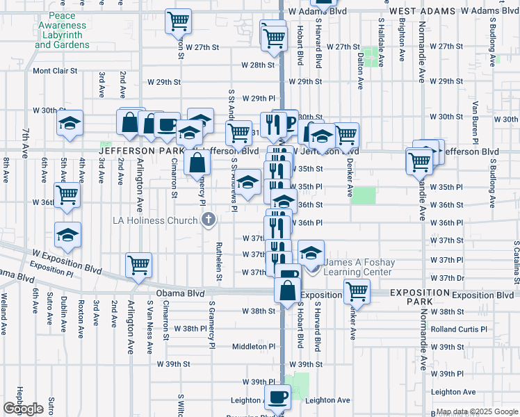 map of restaurants, bars, coffee shops, grocery stores, and more near 1742 West 36th Street in Los Angeles