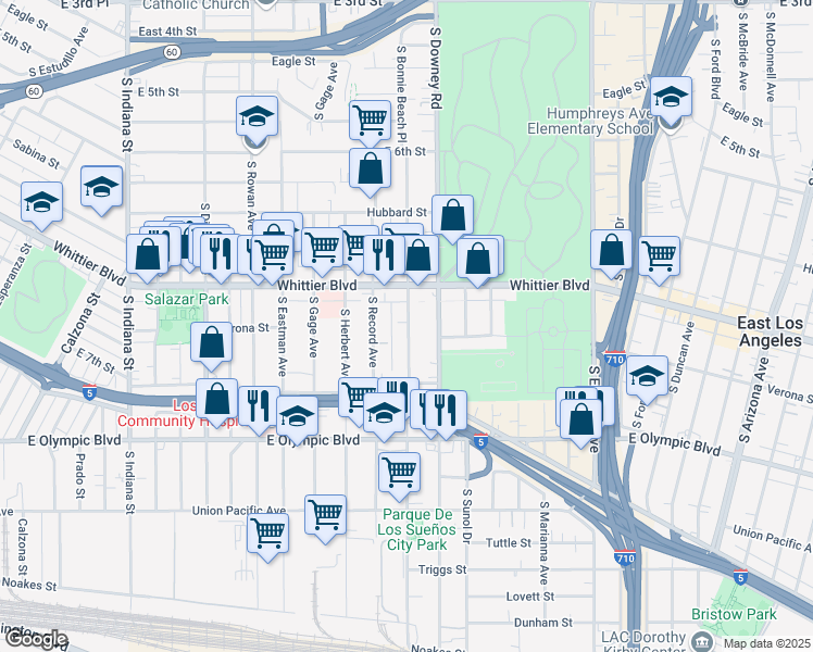 map of restaurants, bars, coffee shops, grocery stores, and more near 947 1/2 South Bonnie Beach Place in Los Angeles