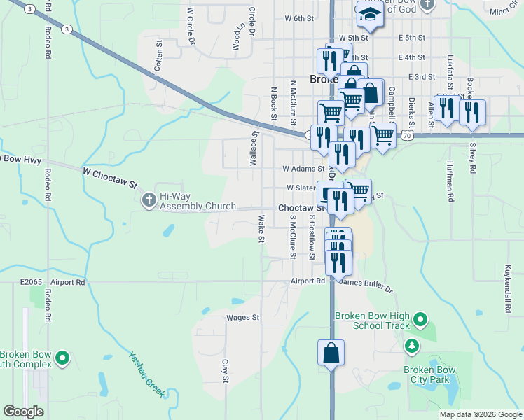 map of restaurants, bars, coffee shops, grocery stores, and more near 511 Wake Street in Broken Bow