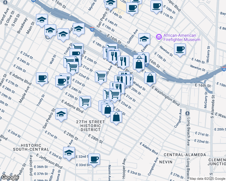 map of restaurants, bars, coffee shops, grocery stores, and more near 1217 East 22nd Street in Los Angeles