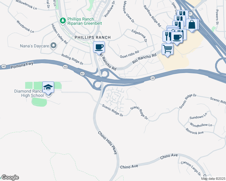 map of restaurants, bars, coffee shops, grocery stores, and more near 8 Rock Cliff Place in Pomona