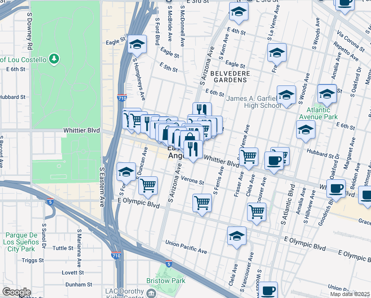 map of restaurants, bars, coffee shops, grocery stores, and more near in East Los Angeles