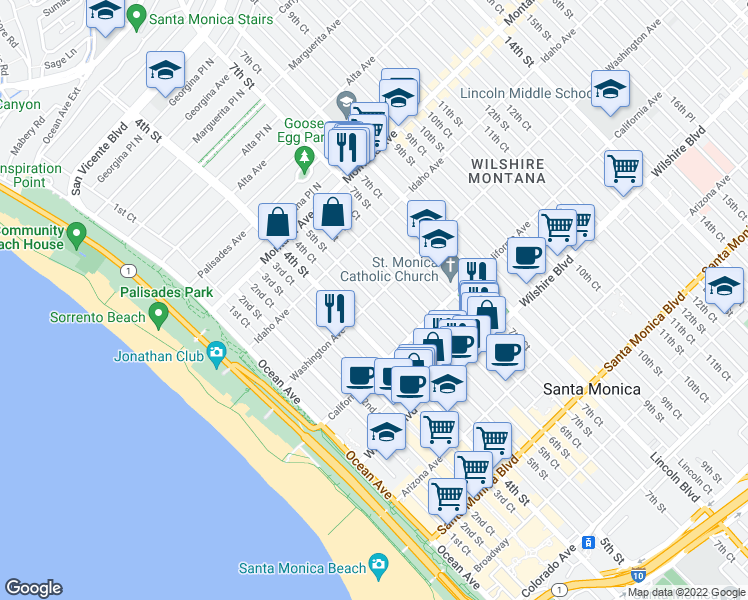 map of restaurants, bars, coffee shops, grocery stores, and more near Washington Ave & 5th St in Santa Monica
