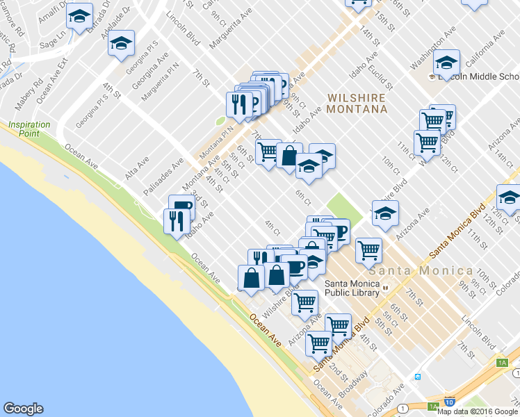 map of restaurants, bars, coffee shops, grocery stores, and more near 954 5th Street in Santa Monica