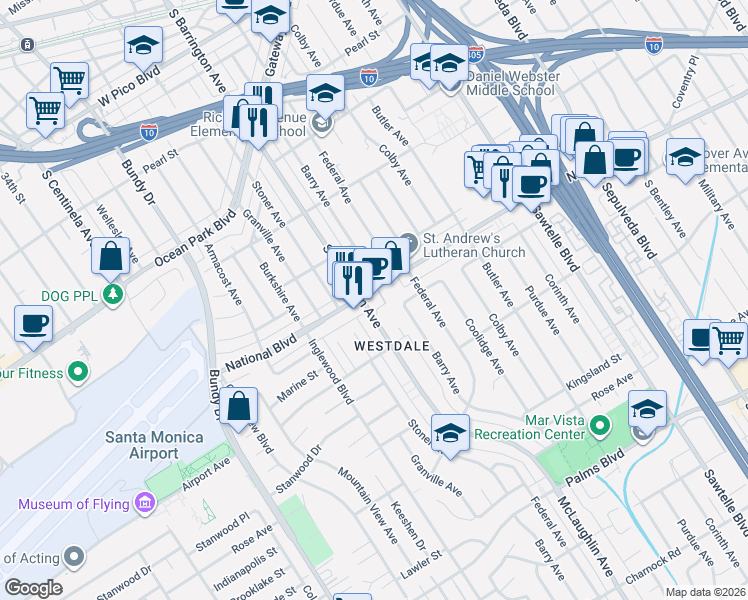 map of restaurants, bars, coffee shops, grocery stores, and more near 11666 National Boulevard in Los Angeles
