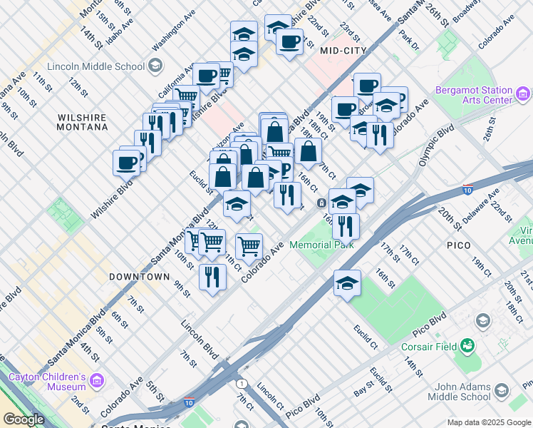 map of restaurants, bars, coffee shops, grocery stores, and more near 1507 14th Street in Santa Monica