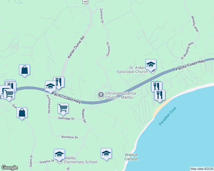 map of restaurants, bars, coffee shops, grocery stores, and more near 6465 Zuma View Place in Malibu