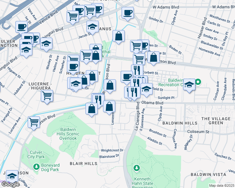 map of restaurants, bars, coffee shops, grocery stores, and more near 5870 Jefferson Boulevard in Los Angeles