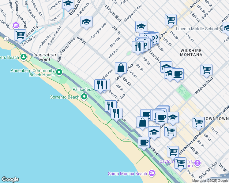 map of restaurants, bars, coffee shops, grocery stores, and more near 801 2nd Street in Santa Monica