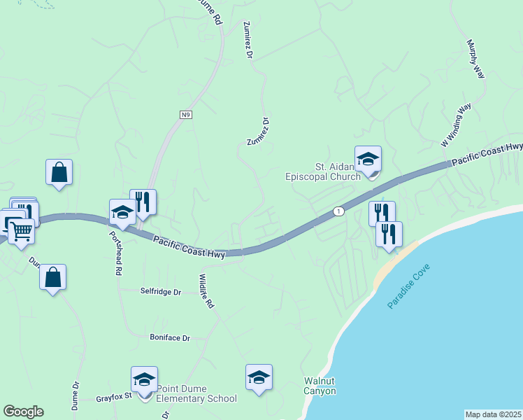 map of restaurants, bars, coffee shops, grocery stores, and more near 6465 Zuma View Place in Malibu