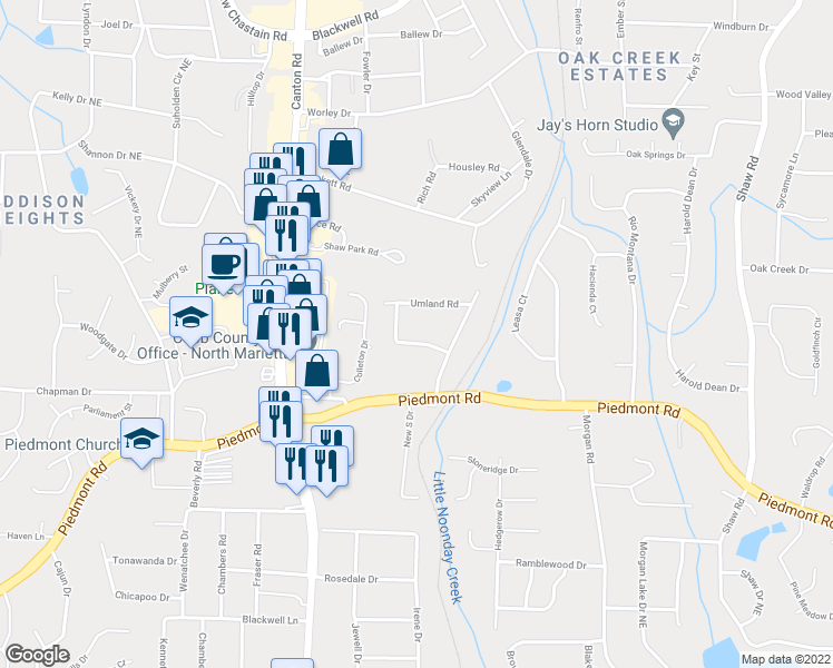 map of restaurants, bars, coffee shops, grocery stores, and more near 943 Piedmont Circle in Marietta
