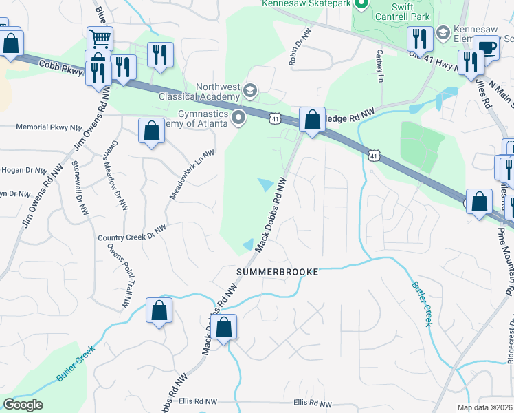 map of restaurants, bars, coffee shops, grocery stores, and more near 2767 Mack Dobbs Road Northwest in Kennesaw