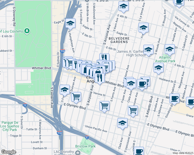 map of restaurants, bars, coffee shops, grocery stores, and more near in East Los Angeles