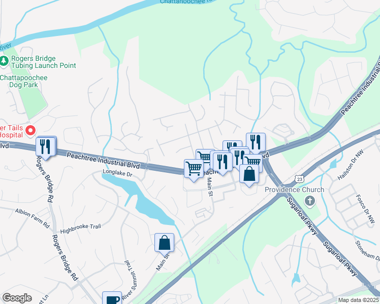 map of restaurants, bars, coffee shops, grocery stores, and more near 3900 Chastatee Drive in Duluth