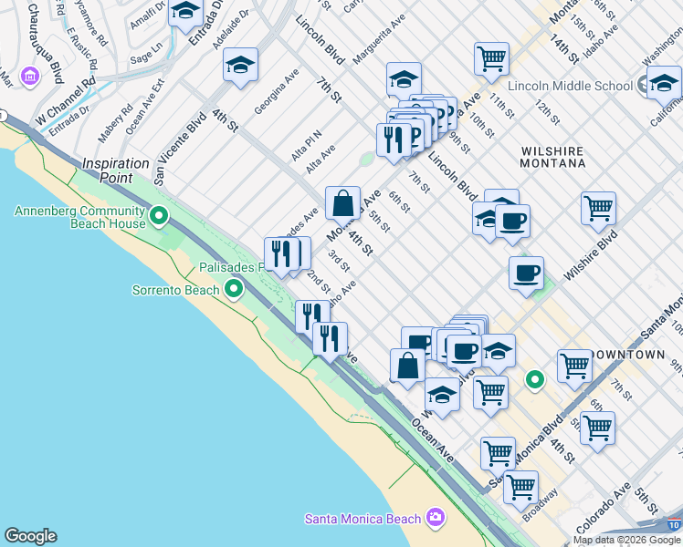 map of restaurants, bars, coffee shops, grocery stores, and more near 844 3rd Street in Santa Monica