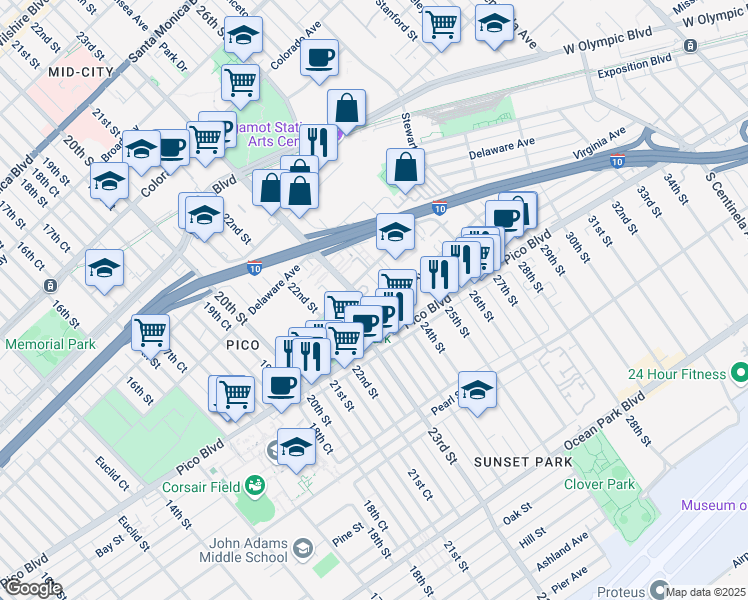 map of restaurants, bars, coffee shops, grocery stores, and more near 2033 Cloverfield Boulevard in Santa Monica