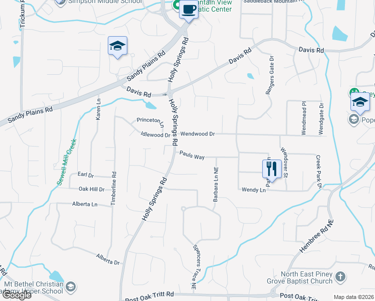 map of restaurants, bars, coffee shops, grocery stores, and more near 2881 Pauls Way in Marietta