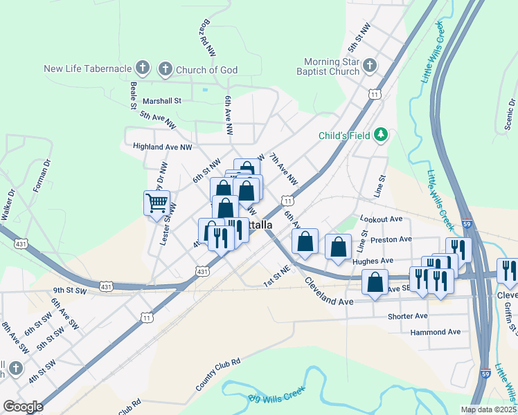 map of restaurants, bars, coffee shops, grocery stores, and more near 315 5th Avenue Northwest in Attalla