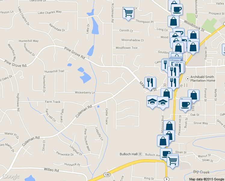 map of restaurants, bars, coffee shops, grocery stores, and more near 300 Wickerberry Lane in Roswell