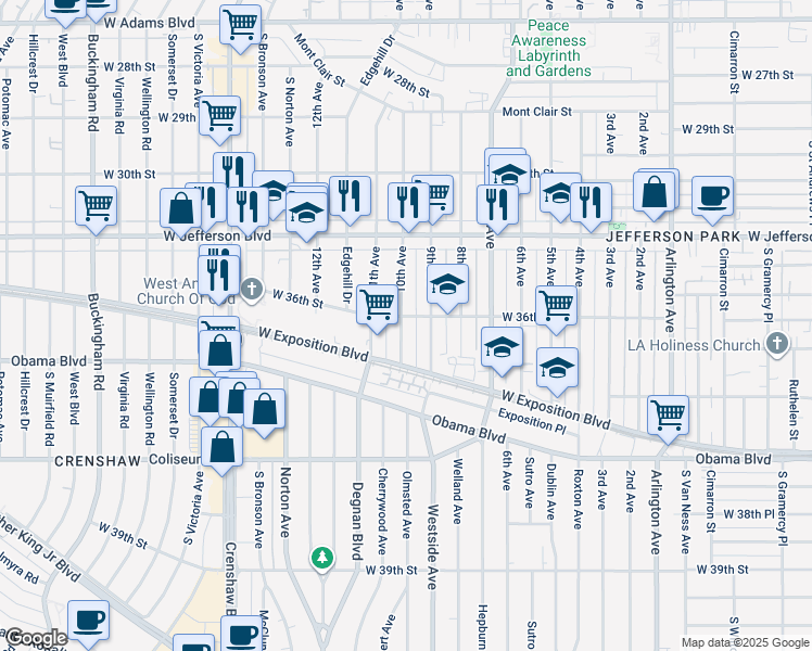 map of restaurants, bars, coffee shops, grocery stores, and more near 2909 West 36th Street in Los Angeles