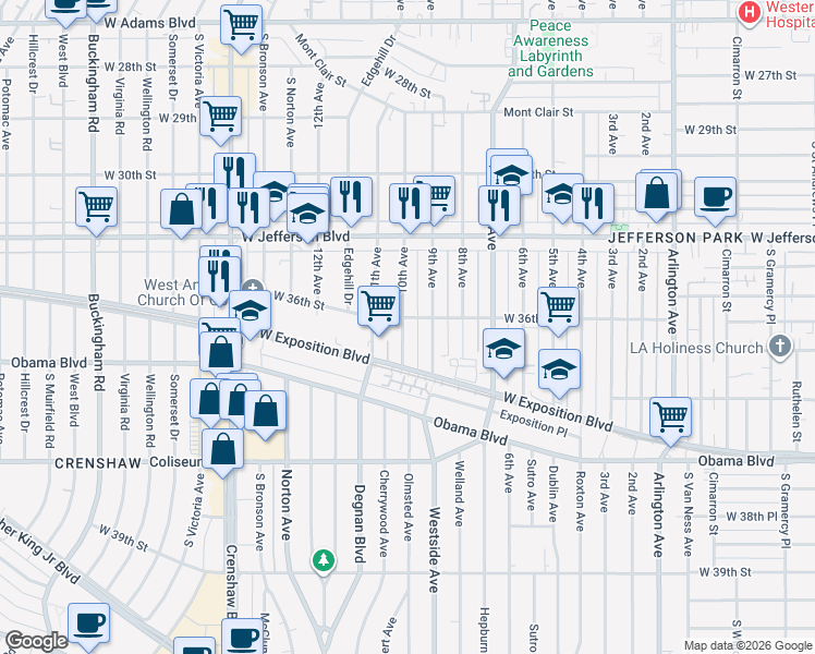 map of restaurants, bars, coffee shops, grocery stores, and more near 2909 West 36th Street in Los Angeles