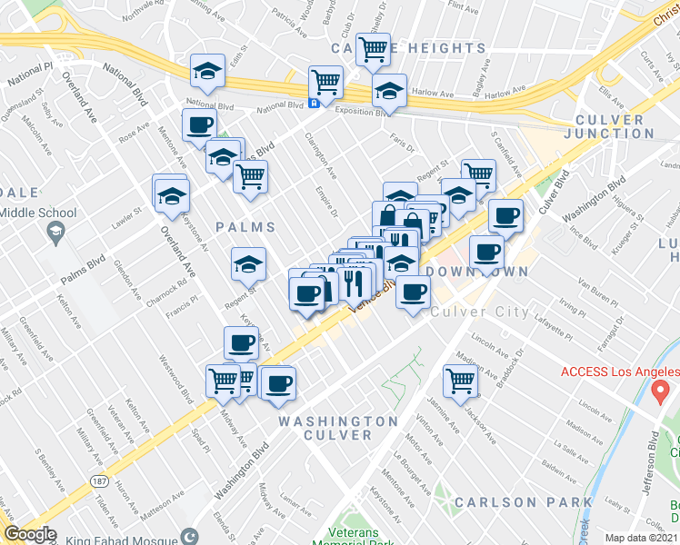 map of restaurants, bars, coffee shops, grocery stores, and more near 3745 Jasmine Avenue in Los Angeles