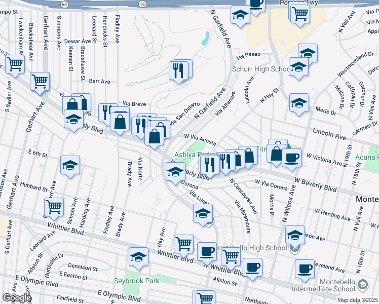 map of restaurants, bars, coffee shops, grocery stores, and more near 2700 West Beverly Boulevard in Montebello