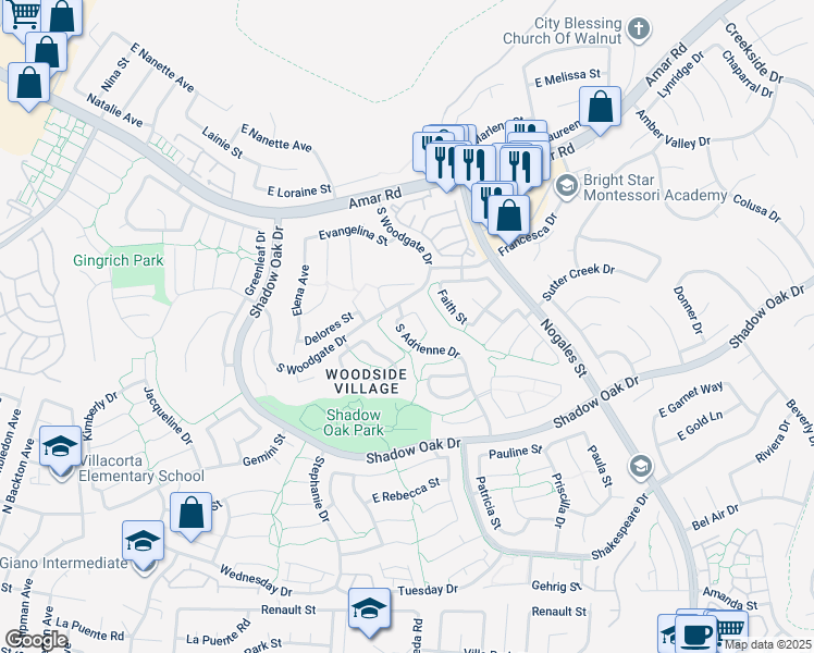 map of restaurants, bars, coffee shops, grocery stores, and more near 3007 South Adrienne Drive in West Covina