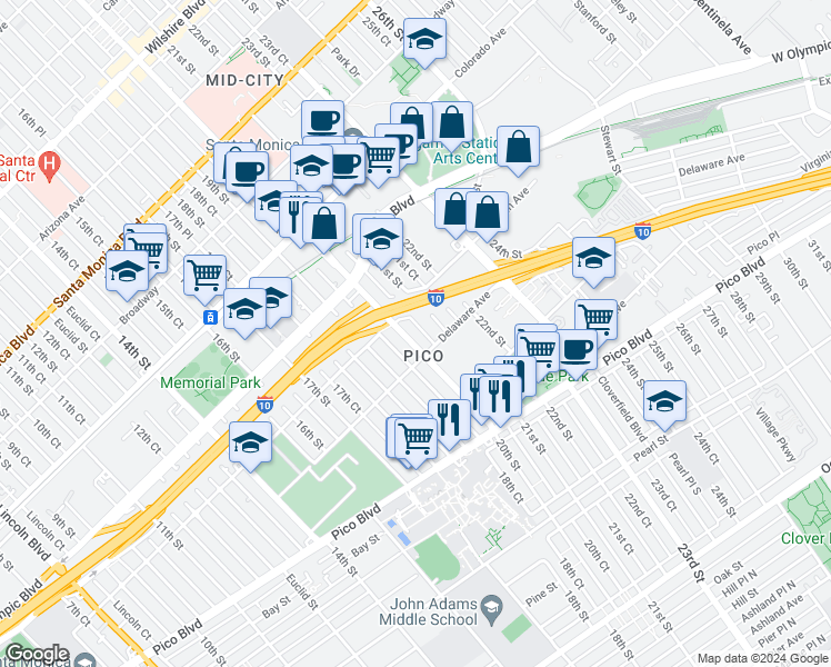 map of restaurants, bars, coffee shops, grocery stores, and more near in Santa Monica