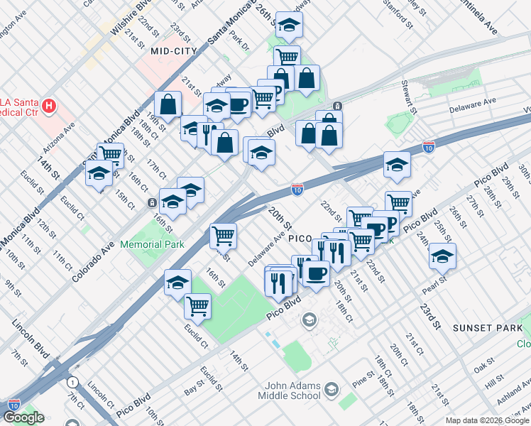 map of restaurants, bars, coffee shops, grocery stores, and more near 1802 20th Street in Santa Monica
