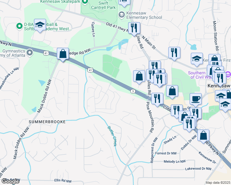 map of restaurants, bars, coffee shops, grocery stores, and more near 34 Pine Burr Drive Northwest in Kennesaw