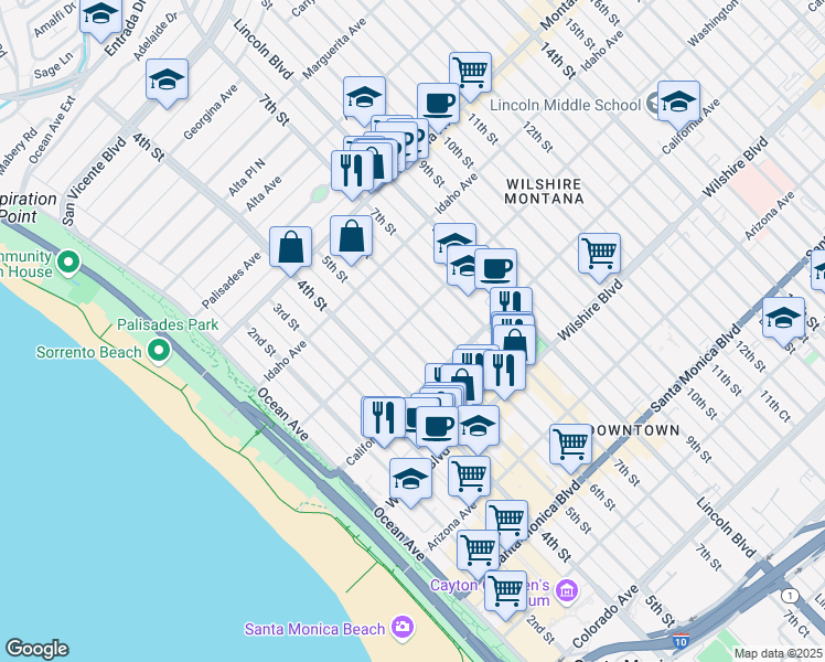 map of restaurants, bars, coffee shops, grocery stores, and more near in Santa Monica