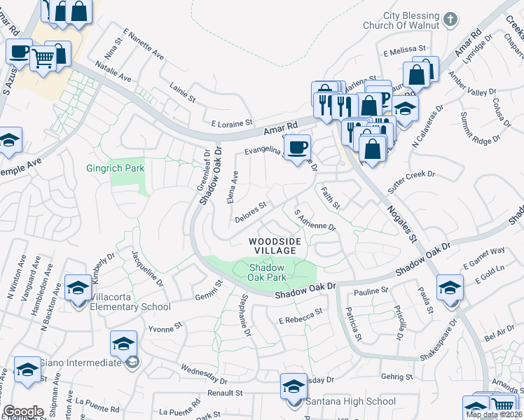 map of restaurants, bars, coffee shops, grocery stores, and more near 2044 Delores Street in West Covina