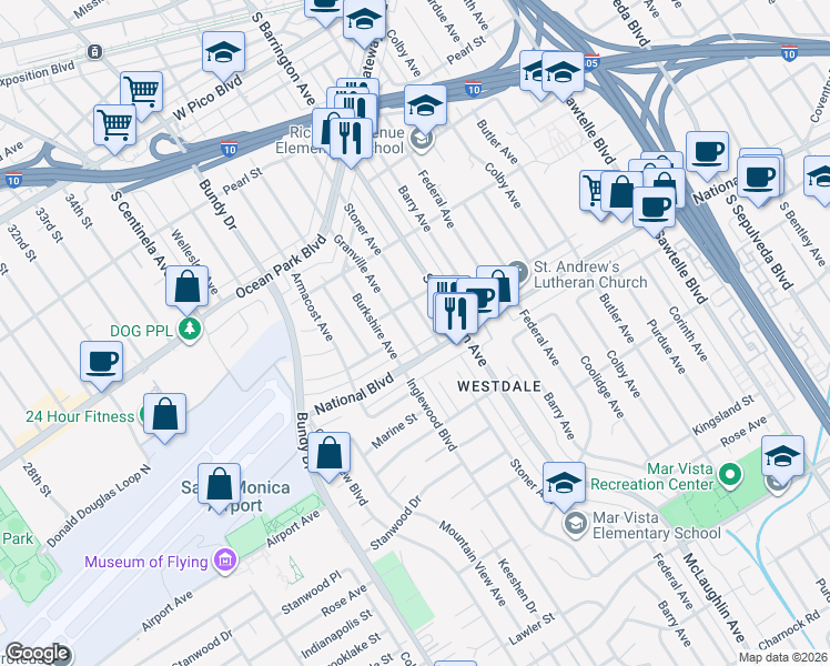 map of restaurants, bars, coffee shops, grocery stores, and more near 2834 Stoner Avenue in Los Angeles
