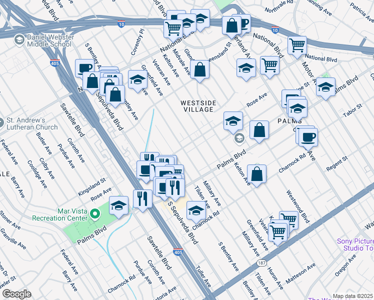 map of restaurants, bars, coffee shops, grocery stores, and more near 10974 Rose Avenue in Los Angeles