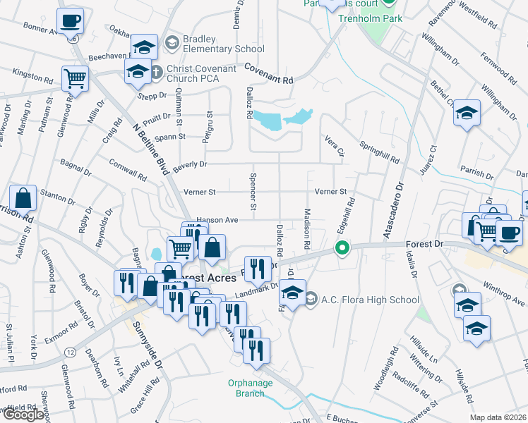 map of restaurants, bars, coffee shops, grocery stores, and more near 3808 Verner Street in Columbia