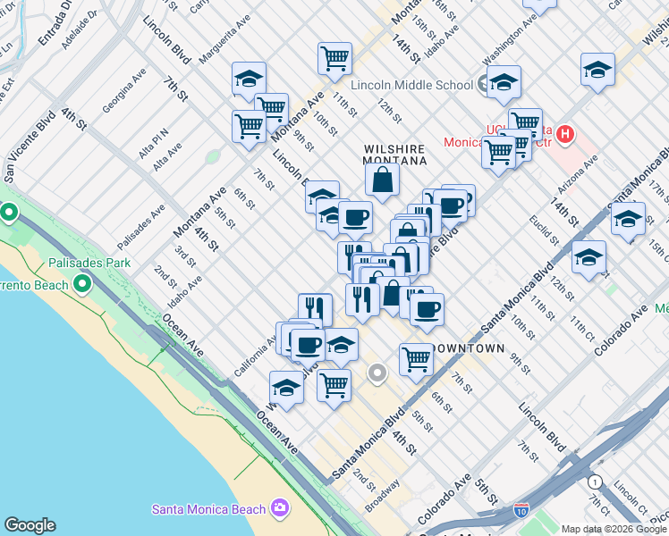 map of restaurants, bars, coffee shops, grocery stores, and more near 701 California Avenue in Santa Monica