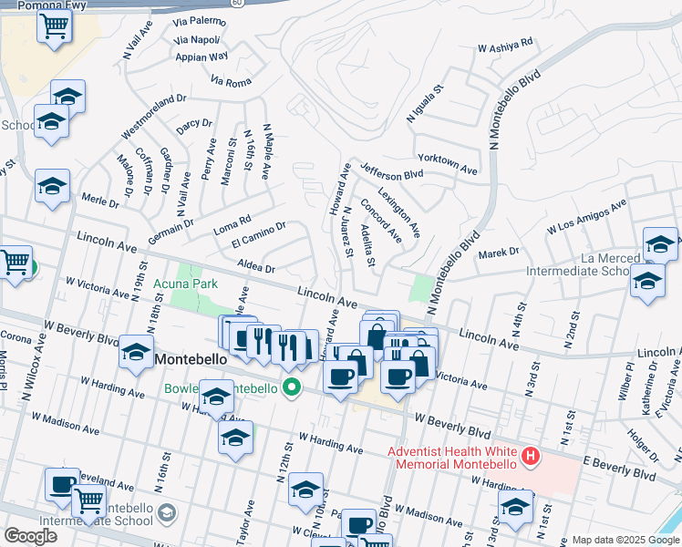 map of restaurants, bars, coffee shops, grocery stores, and more near Howard Avenue in Montebello