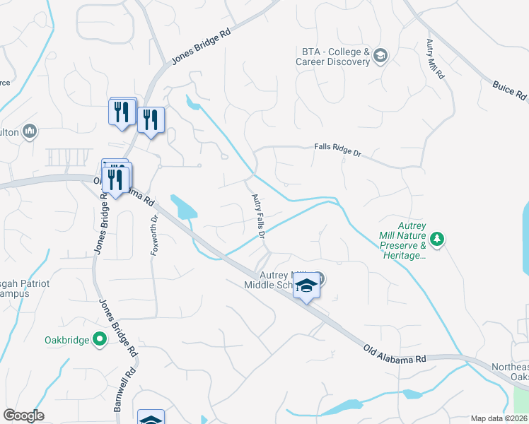 map of restaurants, bars, coffee shops, grocery stores, and more near 9865 Autry Falls Dr in Alpharetta