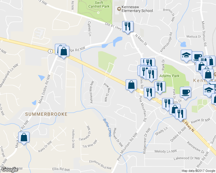 map of restaurants, bars, coffee shops, grocery stores, and more near 29 Pine Burr Drive Northwest in Kennesaw