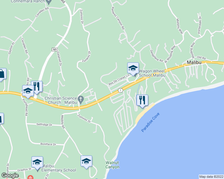 map of restaurants, bars, coffee shops, grocery stores, and more near 28390 Rey De Copas Lane in Malibu