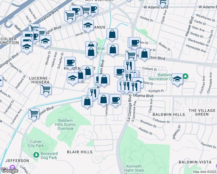map of restaurants, bars, coffee shops, grocery stores, and more near 5870 Jefferson Boulevard in Los Angeles