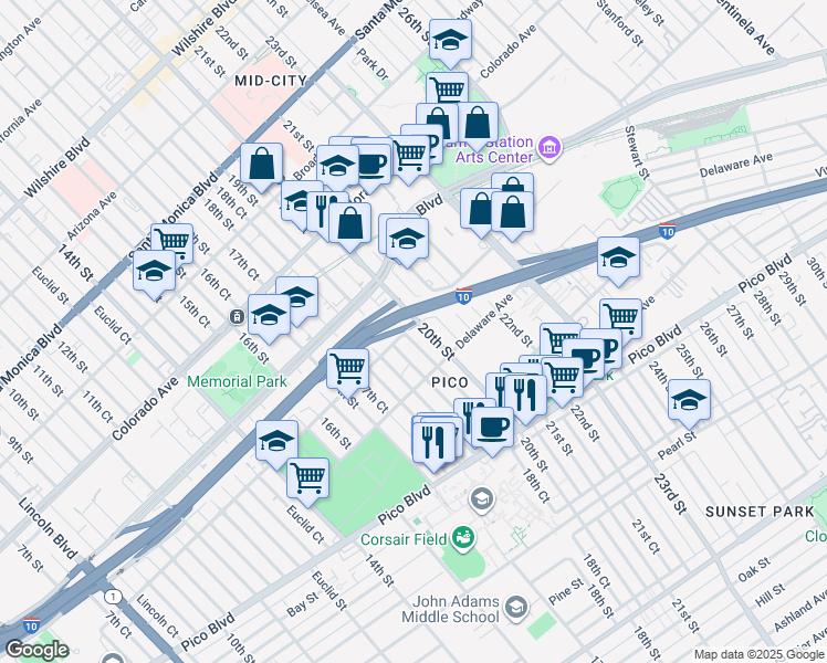 map of restaurants, bars, coffee shops, grocery stores, and more near 1805 20th Street in Santa Monica